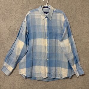 Alan Flusser 100% Linen Button Down Shirt XXL Blue Plaid Long Sleeve